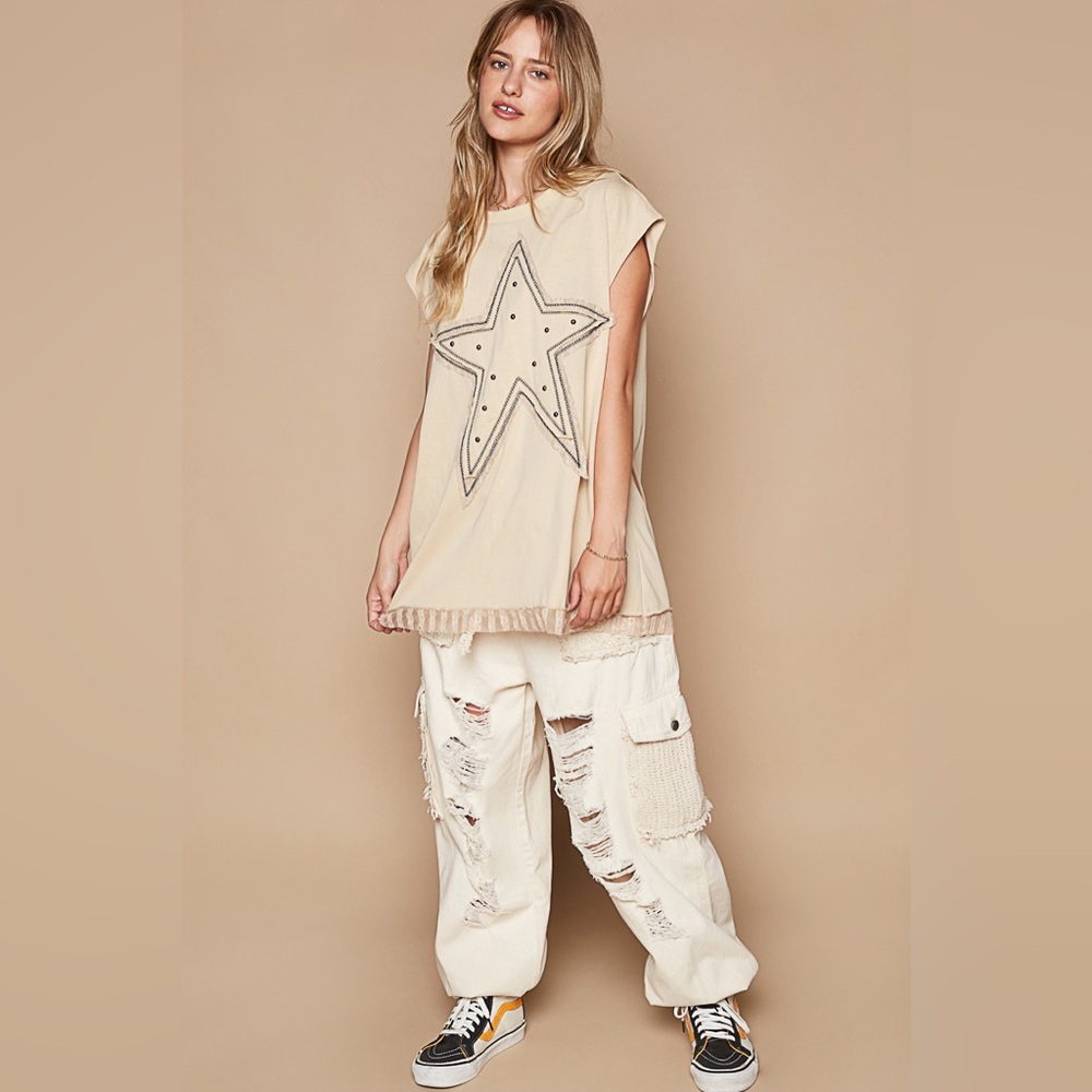 #042 POL Beige Star Embellished Women's Top